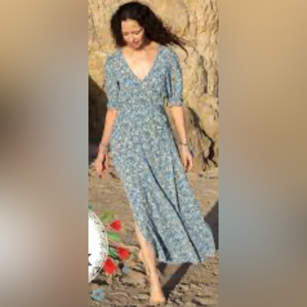 Natural Life Wrap Front Blue Maxi Dress Med Peasant Boho Floral Prairie Hippie